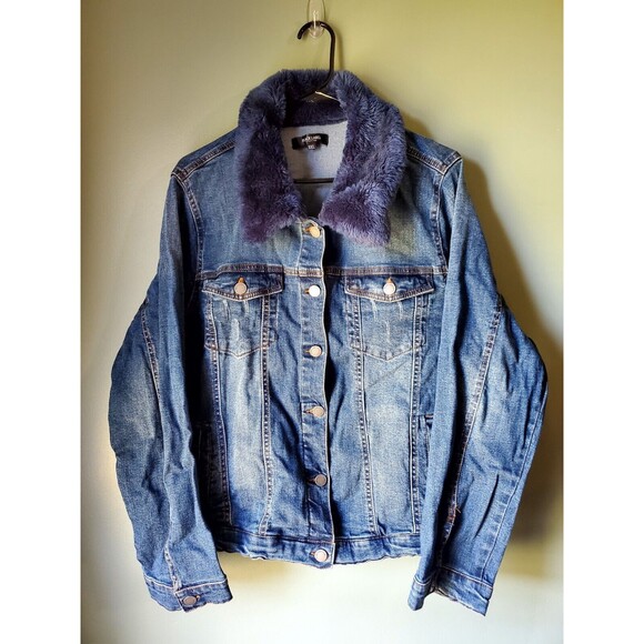 Black Label C’est Toi Women's Sz 3XL Distress Denim Navy Faux Fur Button Jacket - Picture 1 of 16
